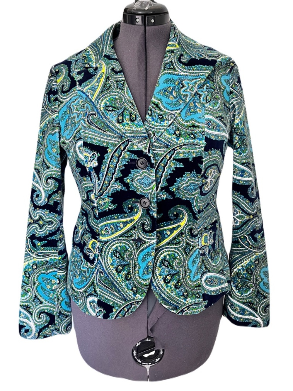 Vintage Talbots Blue Paisley Stretch Velvet Blazer, Size 8